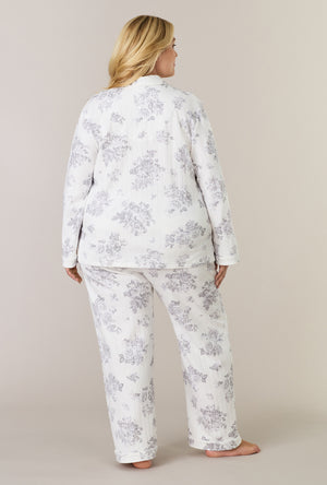 A lady wearing plus size Morning Mist Cotton Pointelle Long Pajama Set back view