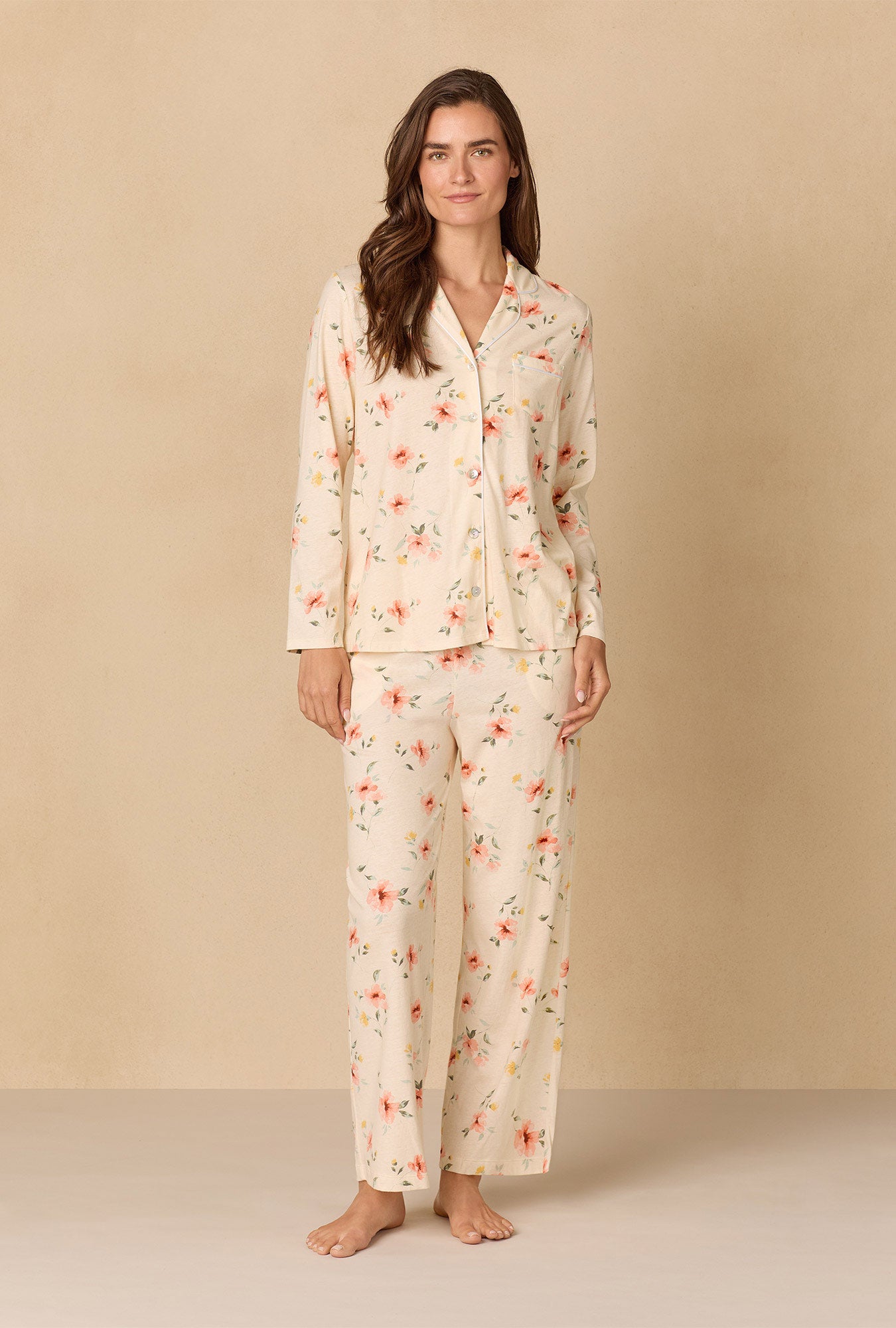A lady wearing Sunlit Meadow Long Cotton Knit Pajama