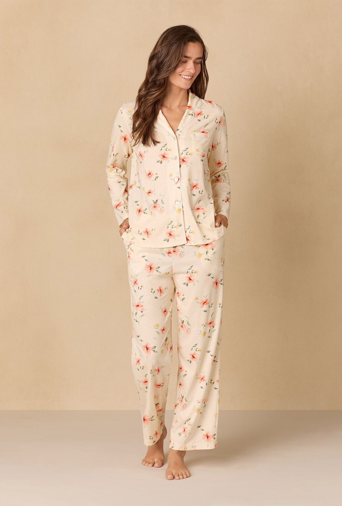 A lady wearing Sunlit Meadow Long Cotton Knit Pajama