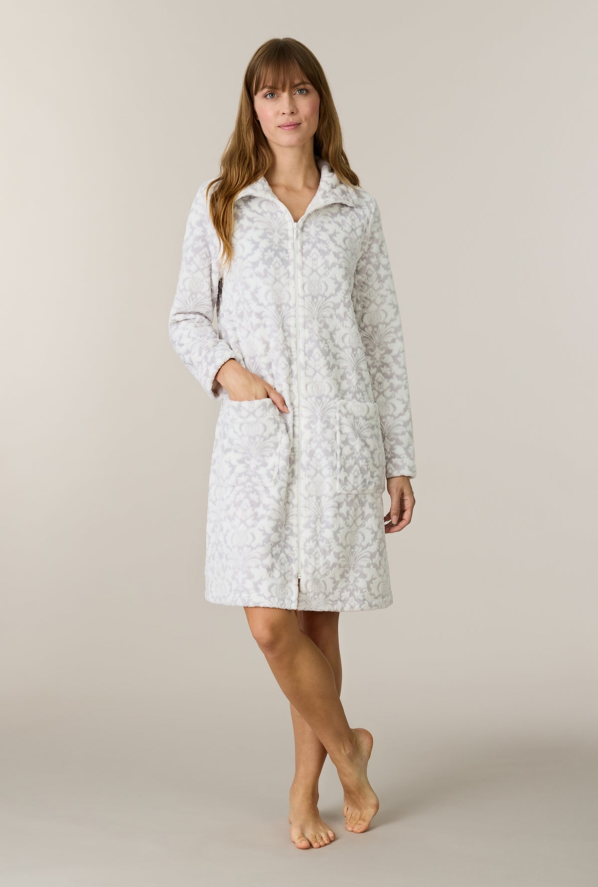 A lady wearing Pearl Damask Two-Tone Velour Short Zip Robe looking front