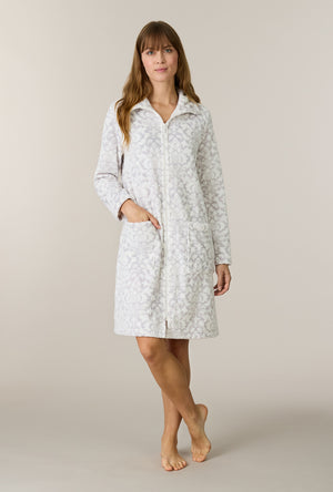 A lady wearing Pearl Damask Two-Tone Velour Short Zip Robe looking front