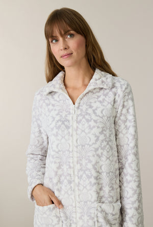 A lady wearing Pearl Damask Two-Tone Velour Short Zip Robe closer look