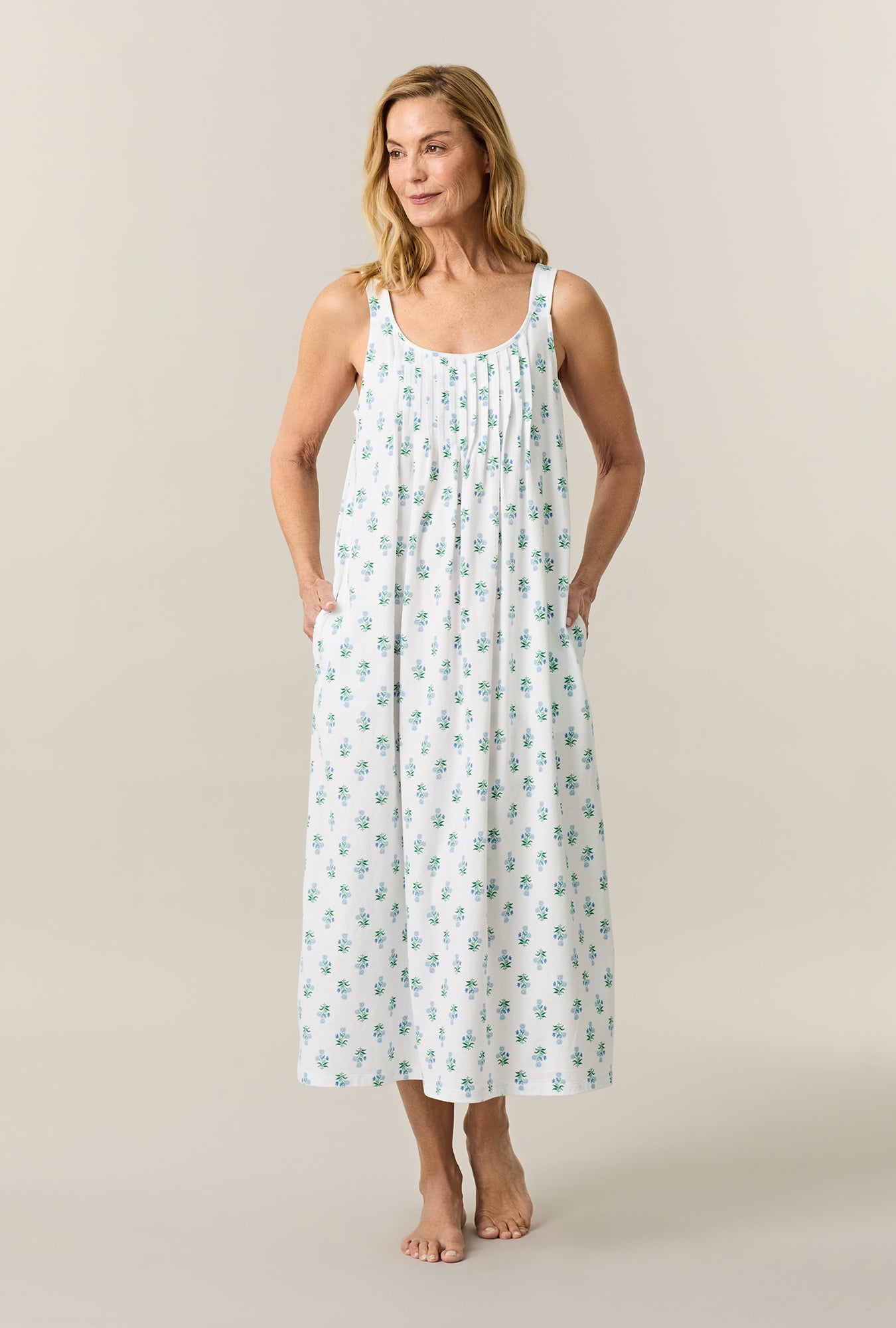 A lady wearing White Bouquet Cotton Long Chemise