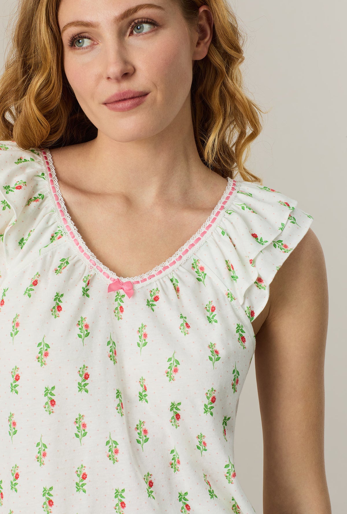 A lady wearing Floral Whisper Cotton Bermuda Pajama Set closer look at neck