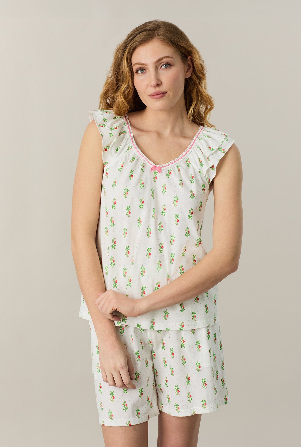 A lady wearing Floral Whisper Cotton Bermuda Pajama Set closer look