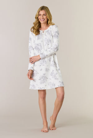 A lady wearing Morning Mist Long Sleeve Cotton Pointelle Short Nightgown
