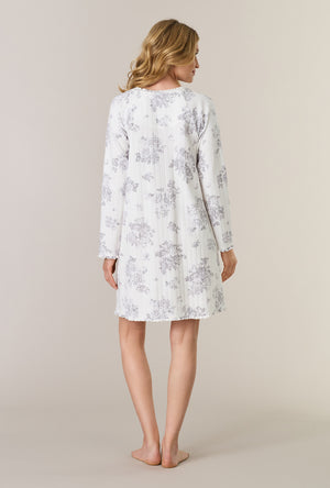 A lady wearing Morning Mist Long Sleeve Cotton Pointelle Short Nightgown back view