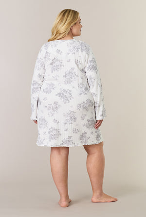 A lady wearing plus size Morning Mist Long Sleeve Cotton Pointelle Short Nightgown back view
