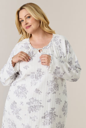 A lady wearing plus size Morning Mist Long Sleeve Cotton Pointelle Short Nightgown closer look