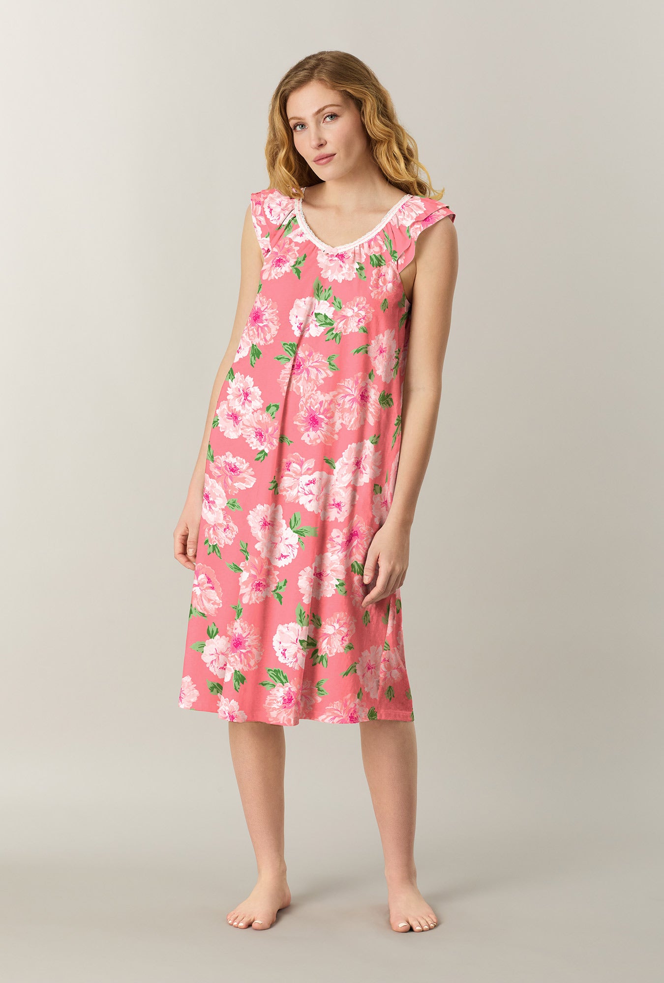 A lady wearing Coral Blooms Cotton Midi Nightgown looking front
