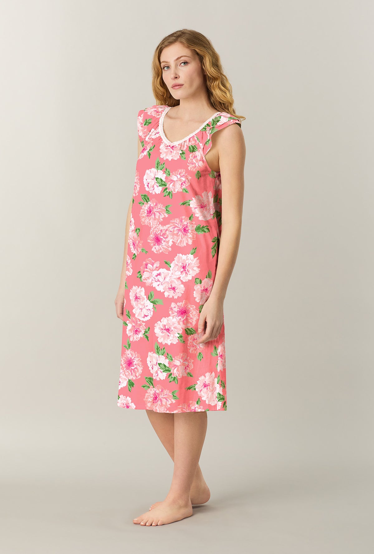 A lady wearing Coral Blooms Cotton Midi Nightgown looking front