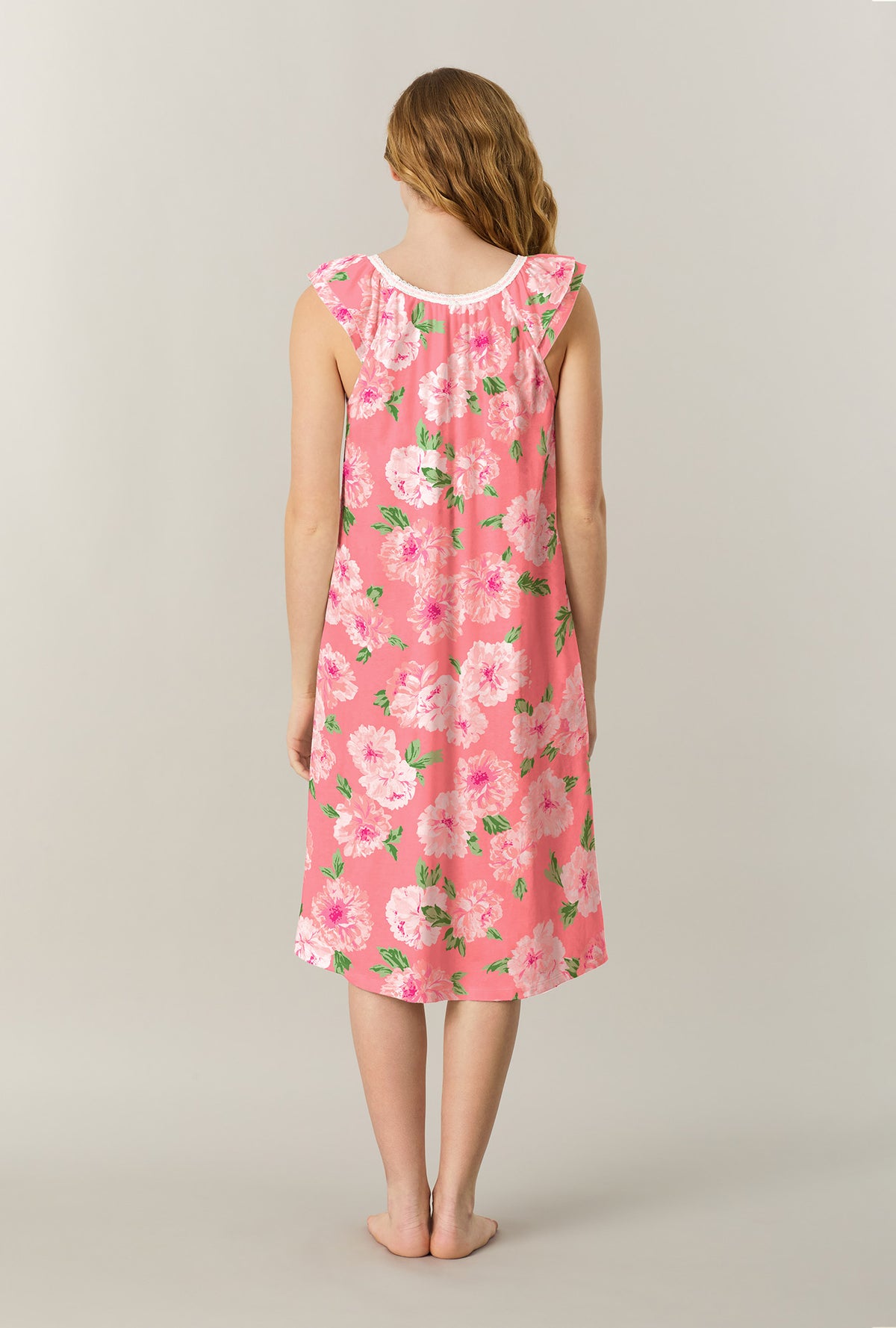A lady wearing Coral Blooms Cotton Midi Nightgown back view
