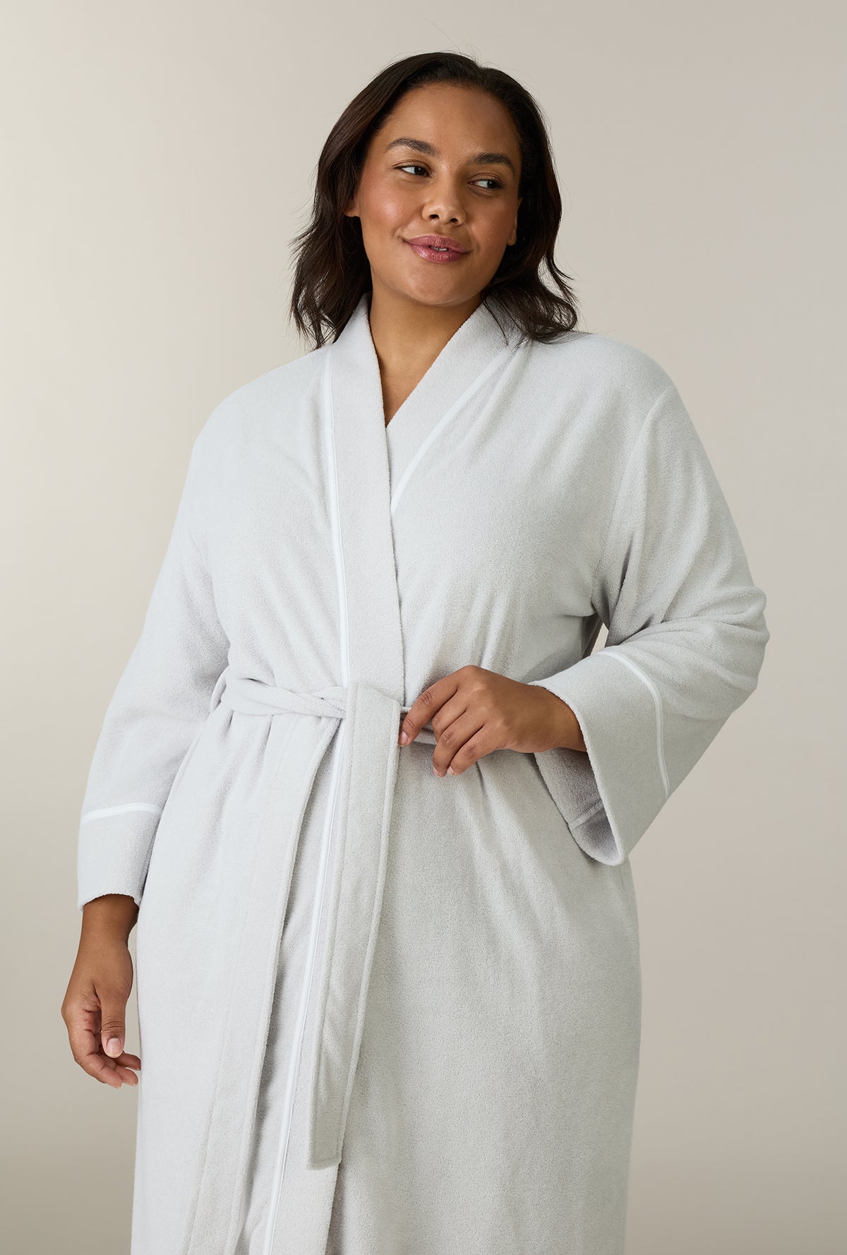 A lady wearing plus size Lunar Rock Terry Wrap Waltz Robe closer look