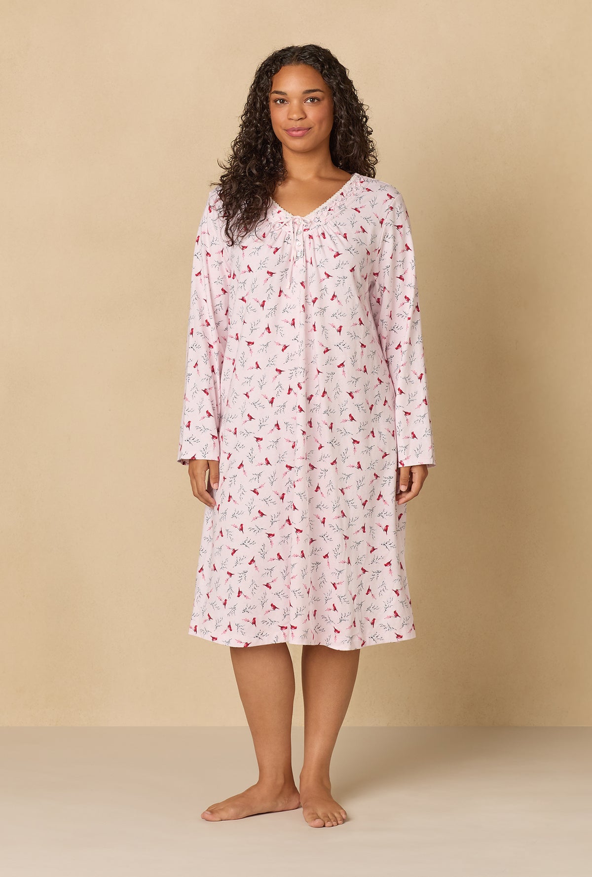 A lady wearing New Cardinal Cotton Waltz Nightgown