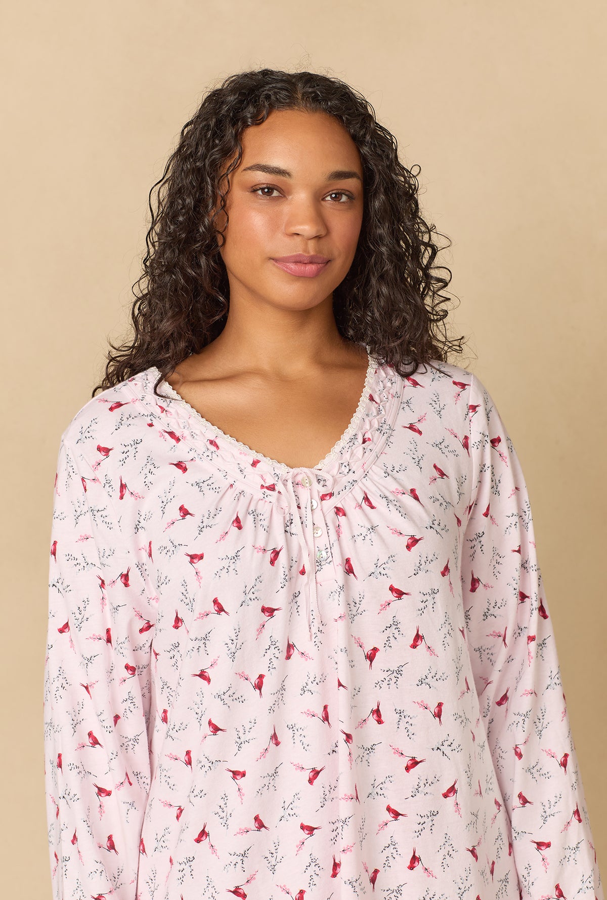 A lady wearing New Cardinal Cotton Waltz Nightgown