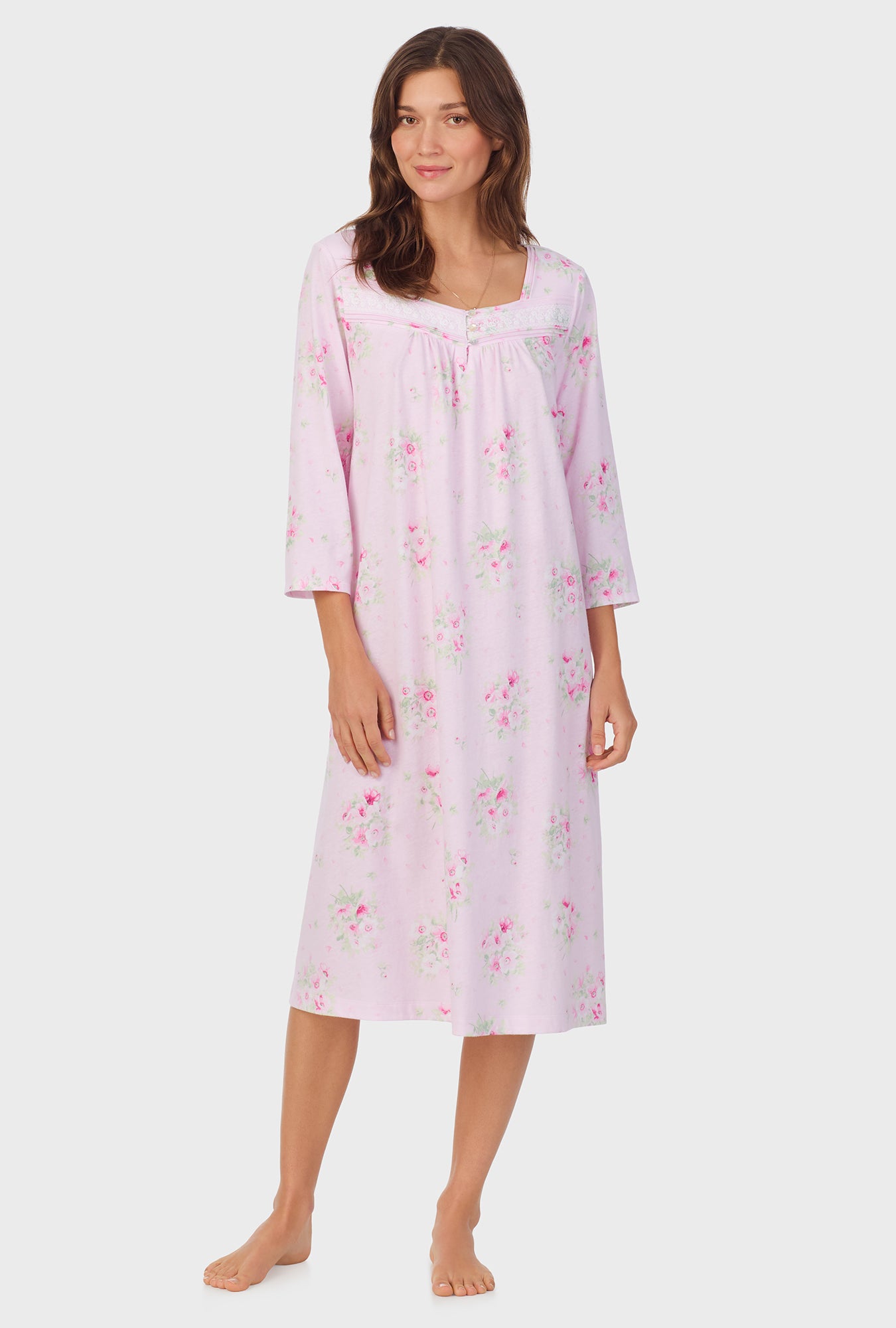 A lady wearing Pink Cosmos 3/4 Sleeve Cotton Waltz Nightgown