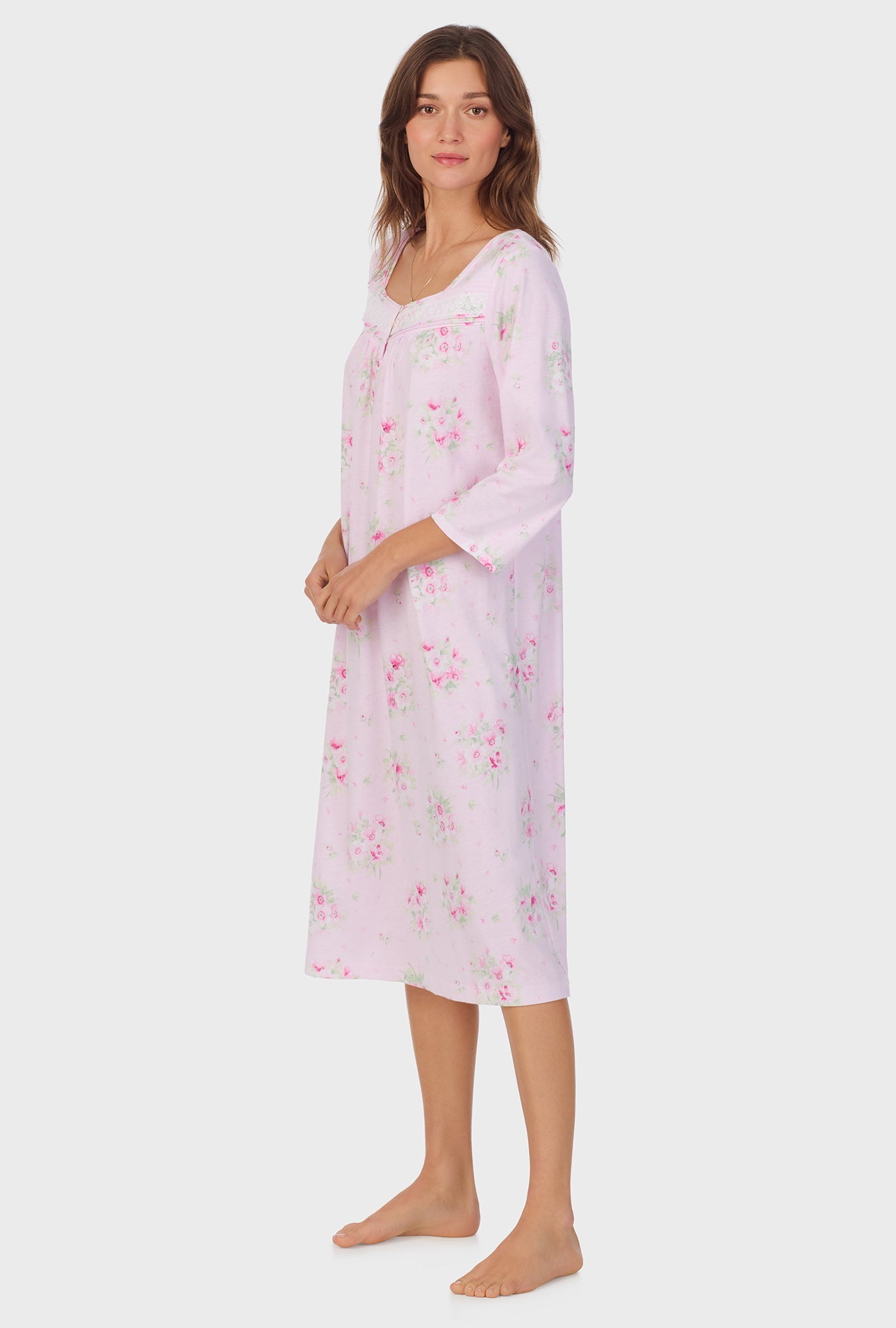 A lady wearing Pink Cosmos 3/4 Sleeve Cotton Waltz Nightgown