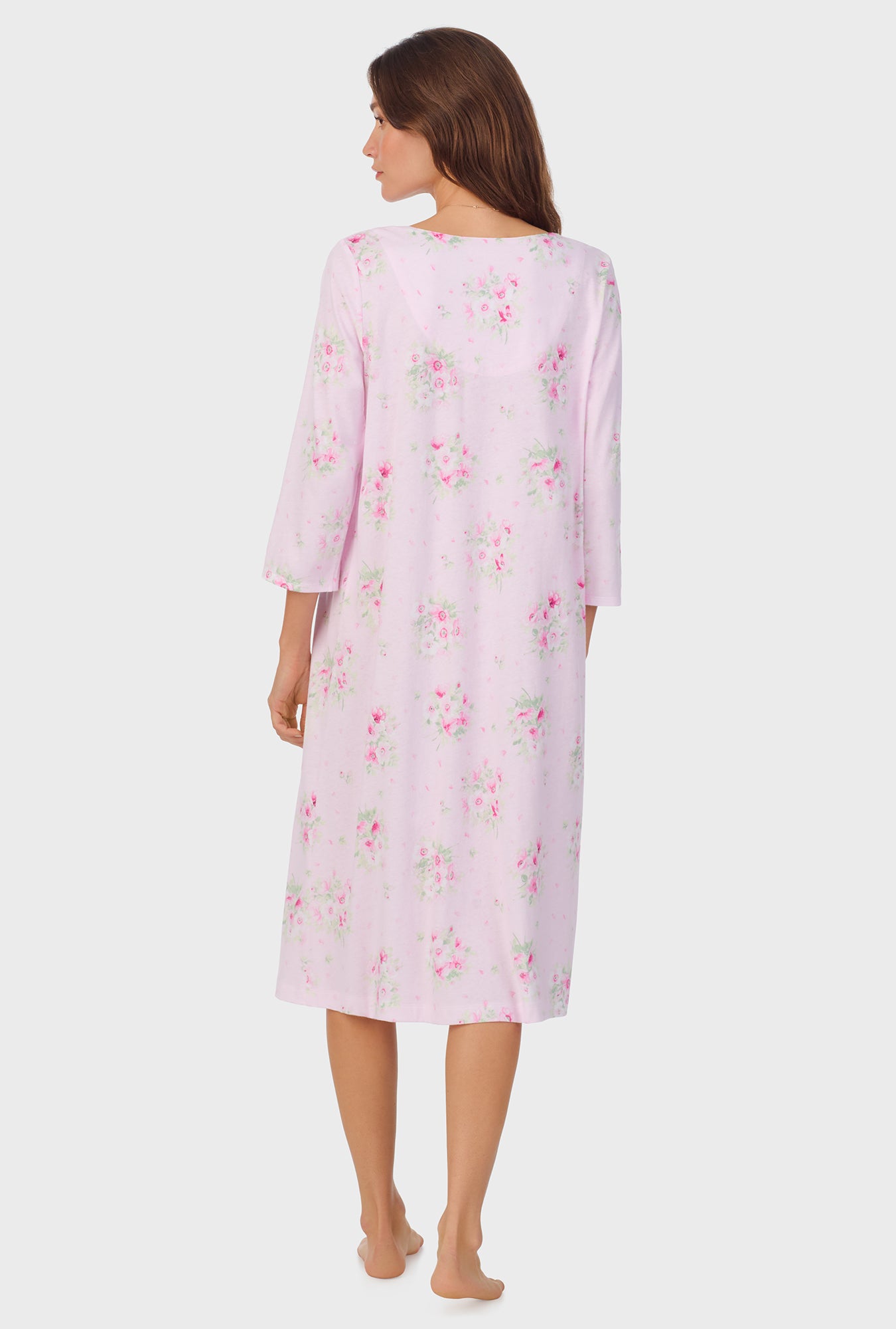 A lady wearing Pink Cosmos 3/4 Sleeve Cotton Waltz Nightgown