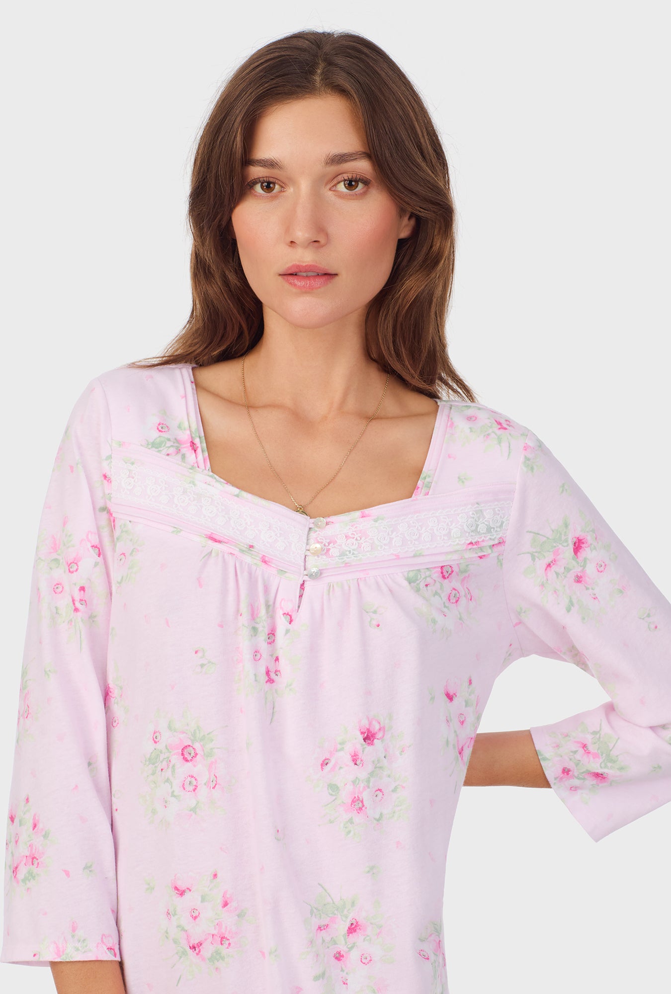 A lady wearing Pink Cosmos 3/4 Sleeve Cotton Waltz Nightgown