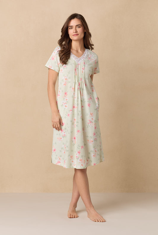 A lady wearing Sage Floral Bloom Waltz Cotton Knit Nightgown