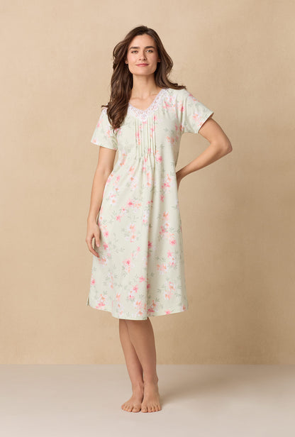 A lady wearing Sage Floral Bloom Waltz Cotton Knit Nightgown