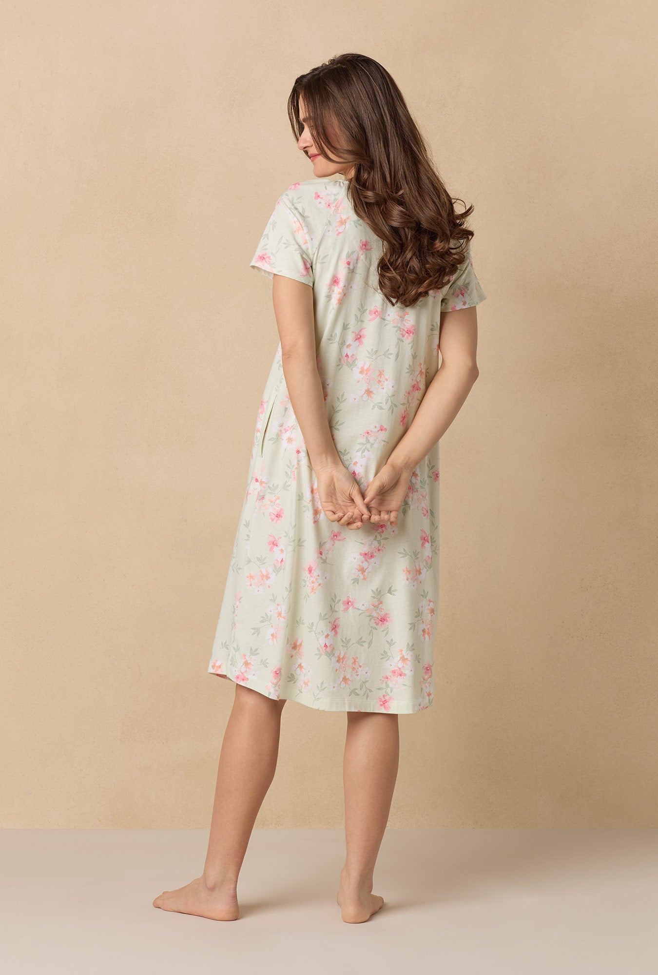 A lady wearing Sage Floral Bloom Waltz Cotton Knit Nightgown