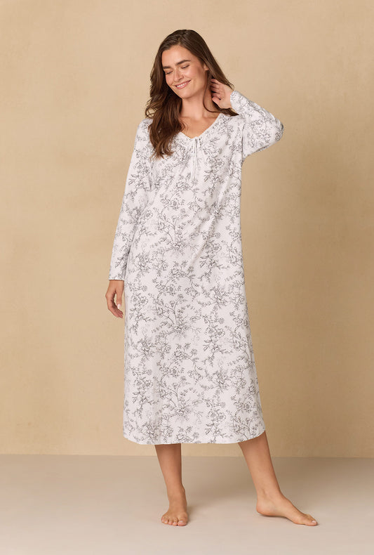 A lady wearing Grey Toile Cotton Ballet Nightgown