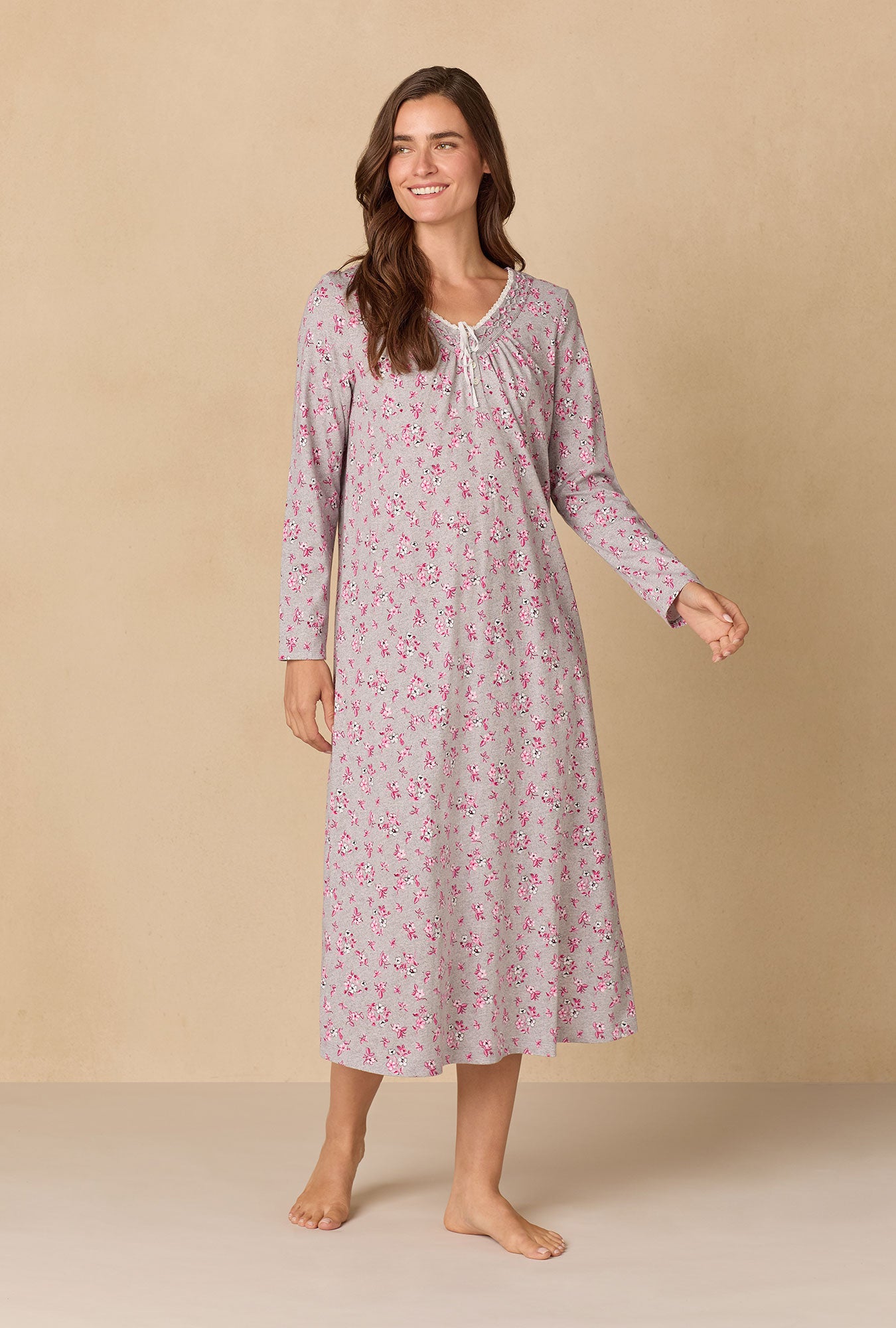 A lady wearing Holiday Floral Cotton Ballet Nightgown