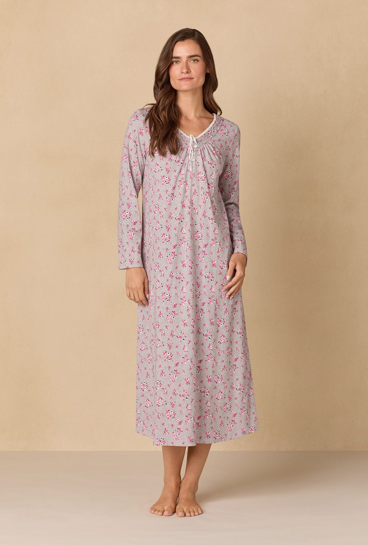 A lady wearing Holiday Floral Cotton Ballet Nightgown