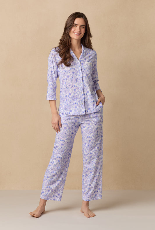 A lady wearing Purple Paisley Cotton Long Pajama Set