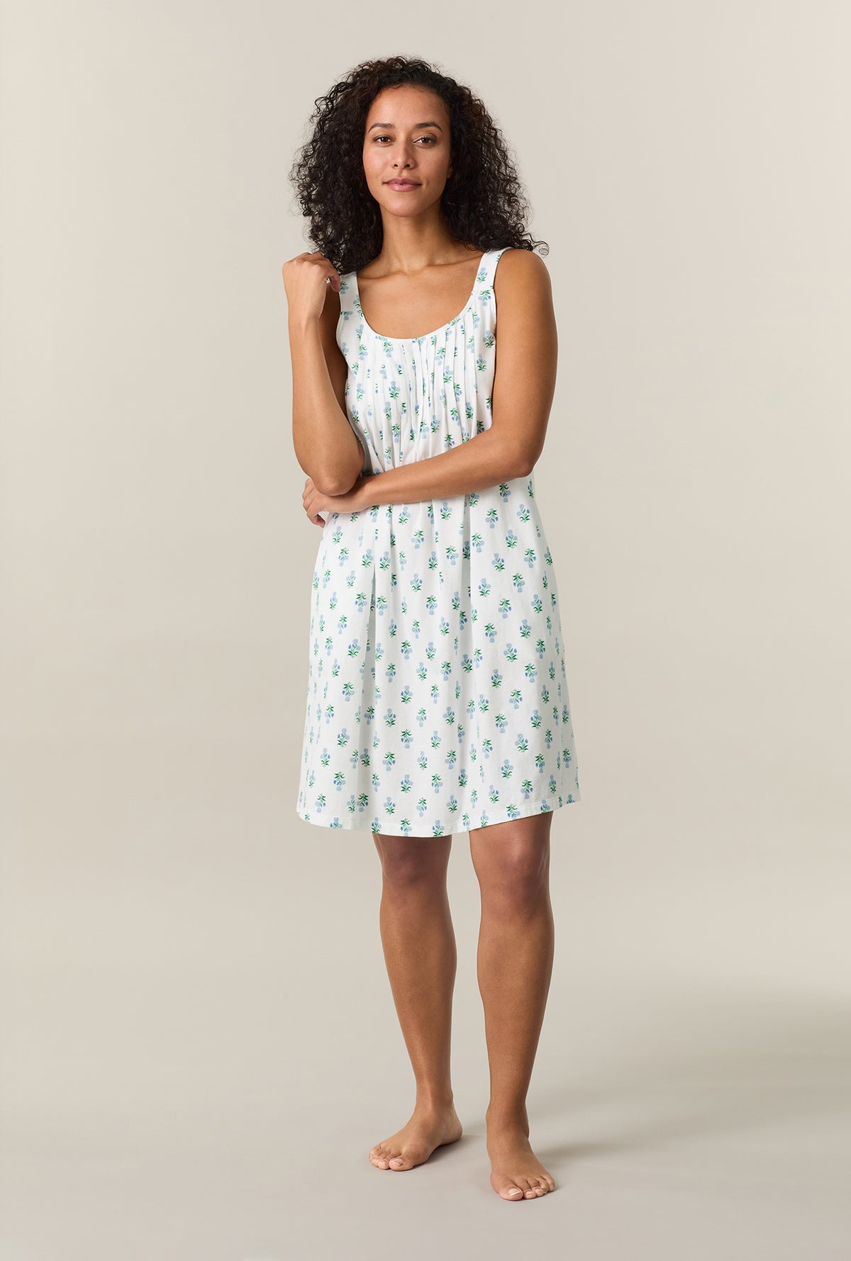 A lady wearing White Bouquet Cotton Short Chemise
