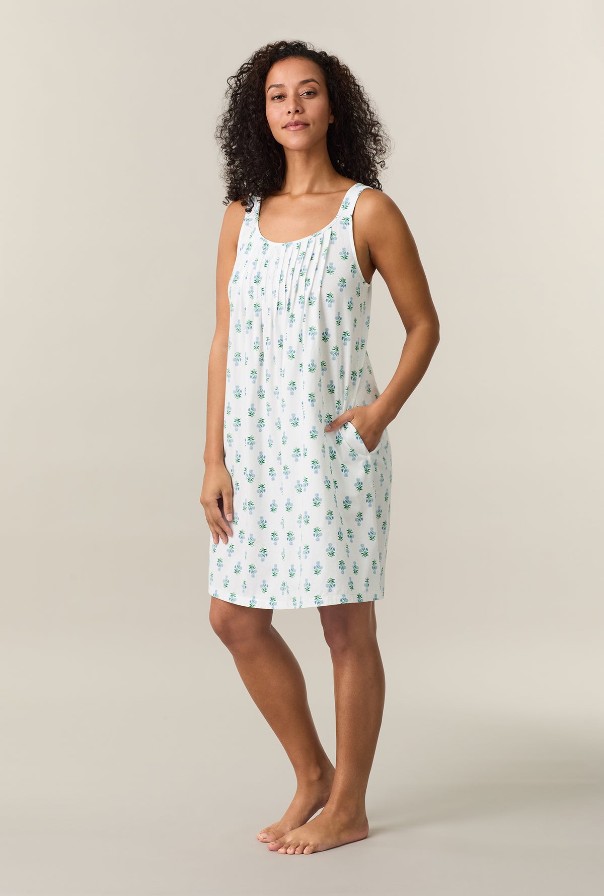 A lady wearing White Bouquet Cotton Short Chemise