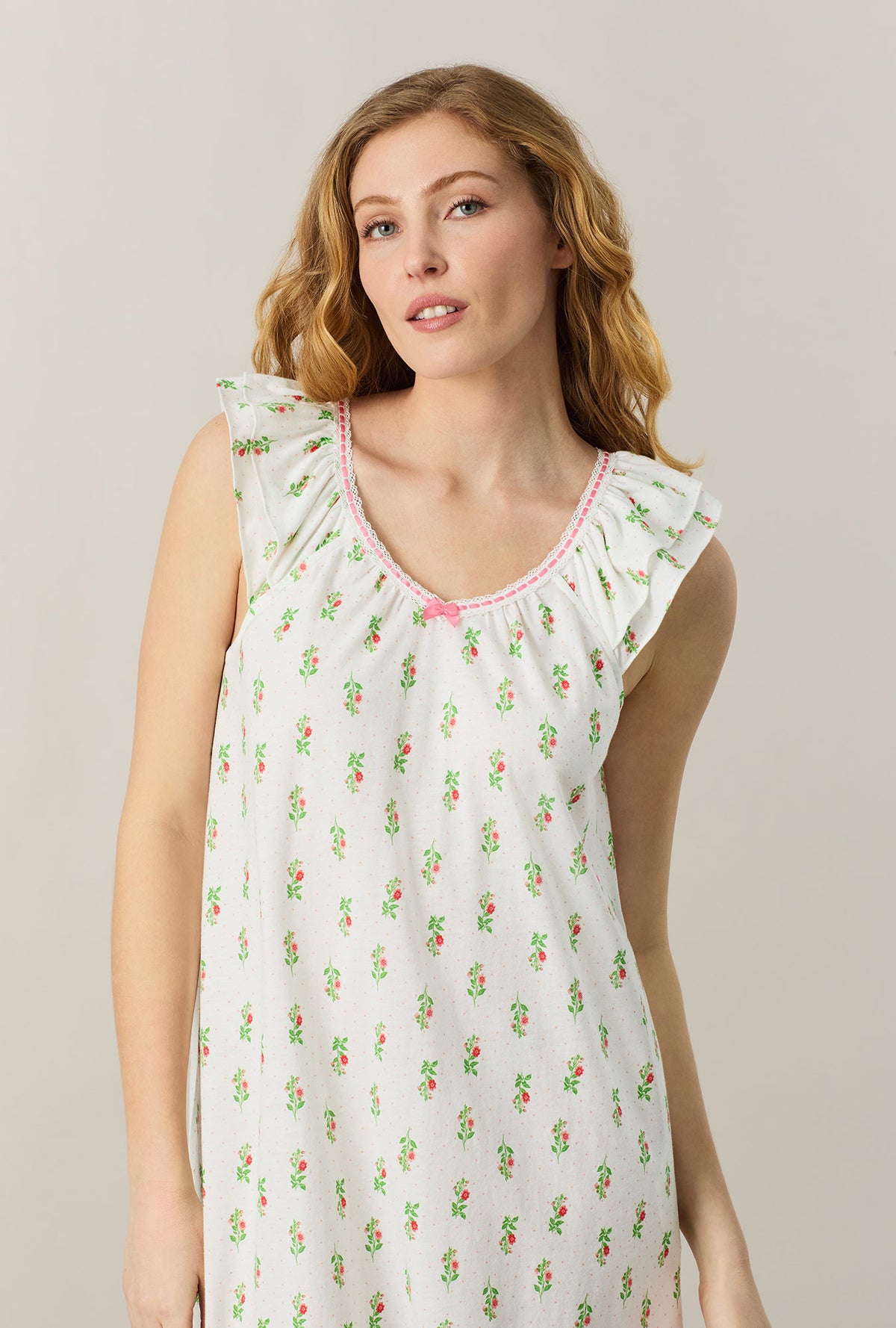 A lady wearing Floral Whisper Cotton Midi Nightgown closer look