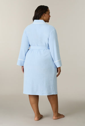 A lady wearing plus size Cashmere Blue Terry Wrap Waltz Robe back view