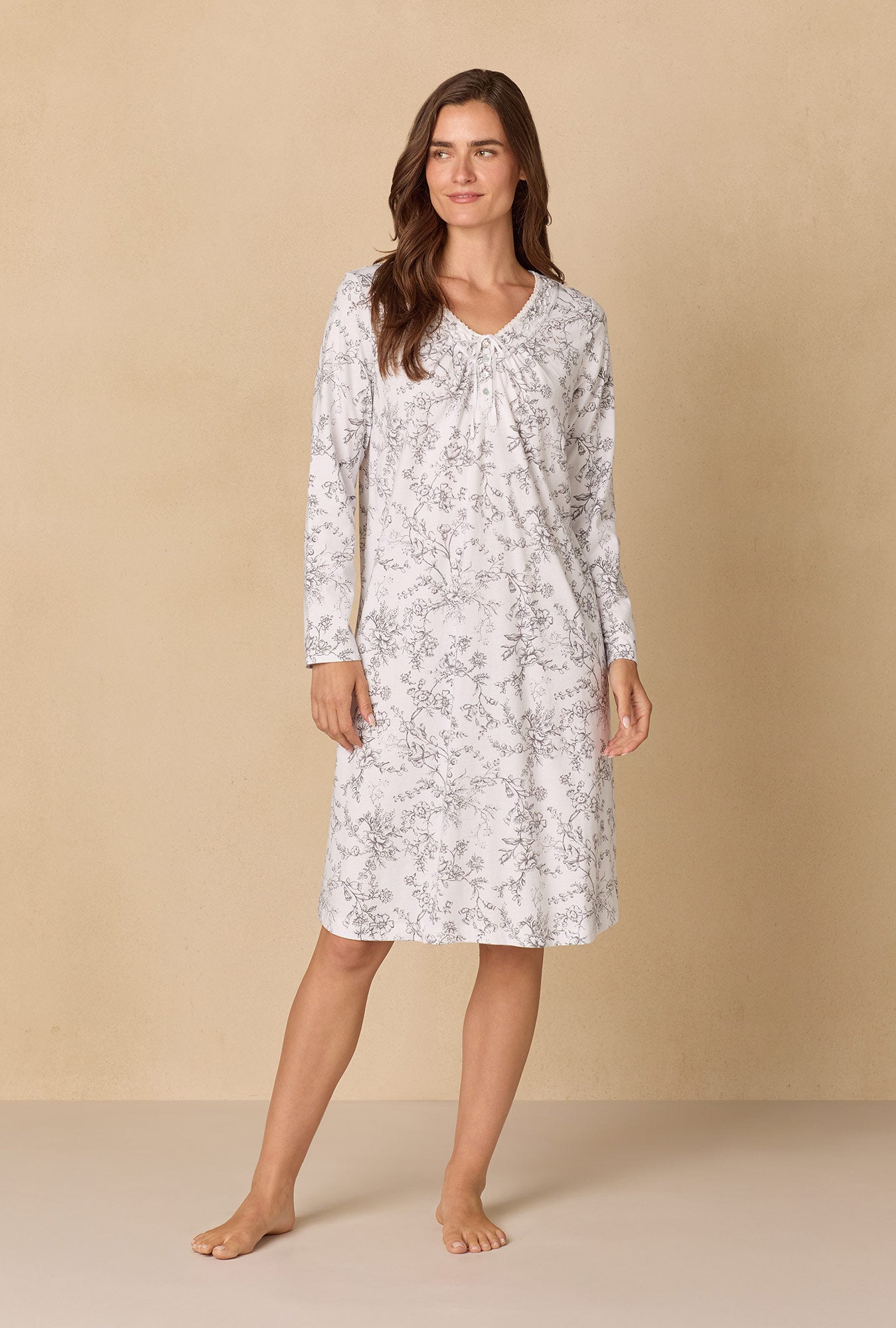A lady wearing Grey Toile Cotton Waltz Nightgown