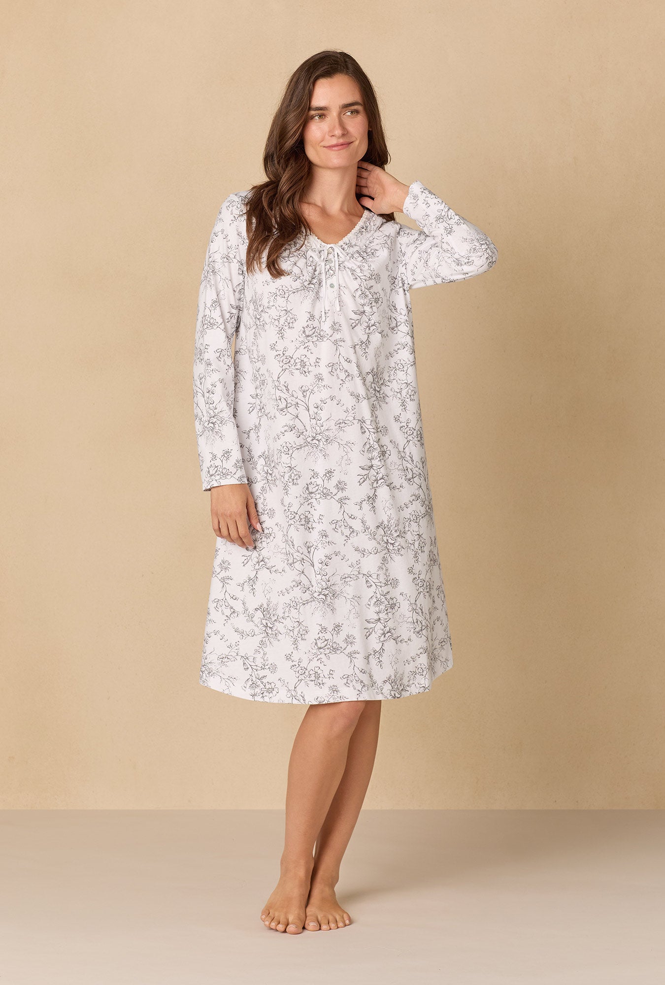 A lady wearing Grey Toile Cotton Waltz Nightgown