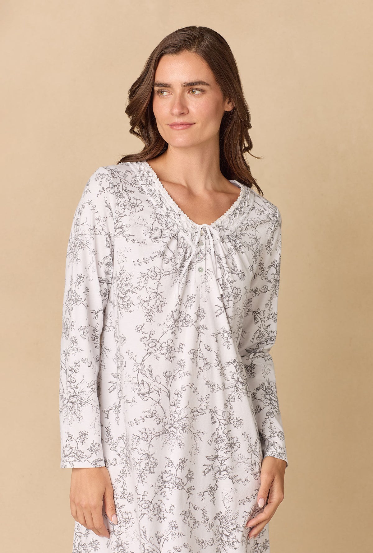 A lady wearing Grey Toile Cotton Waltz Nightgown