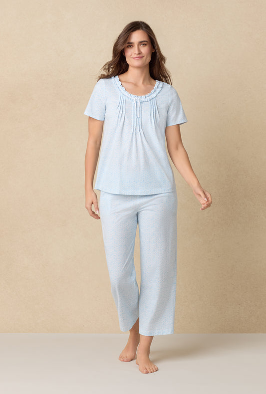 A lady wearing Blue Shells Cotton Capri Pajama Set