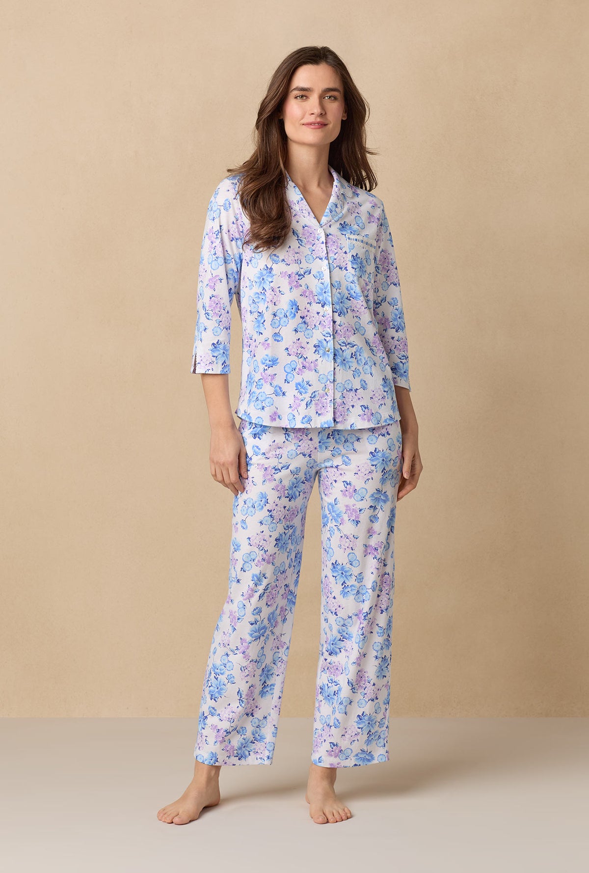 A lady wearing Purple Hydrangea Cotton Long Pajama Set