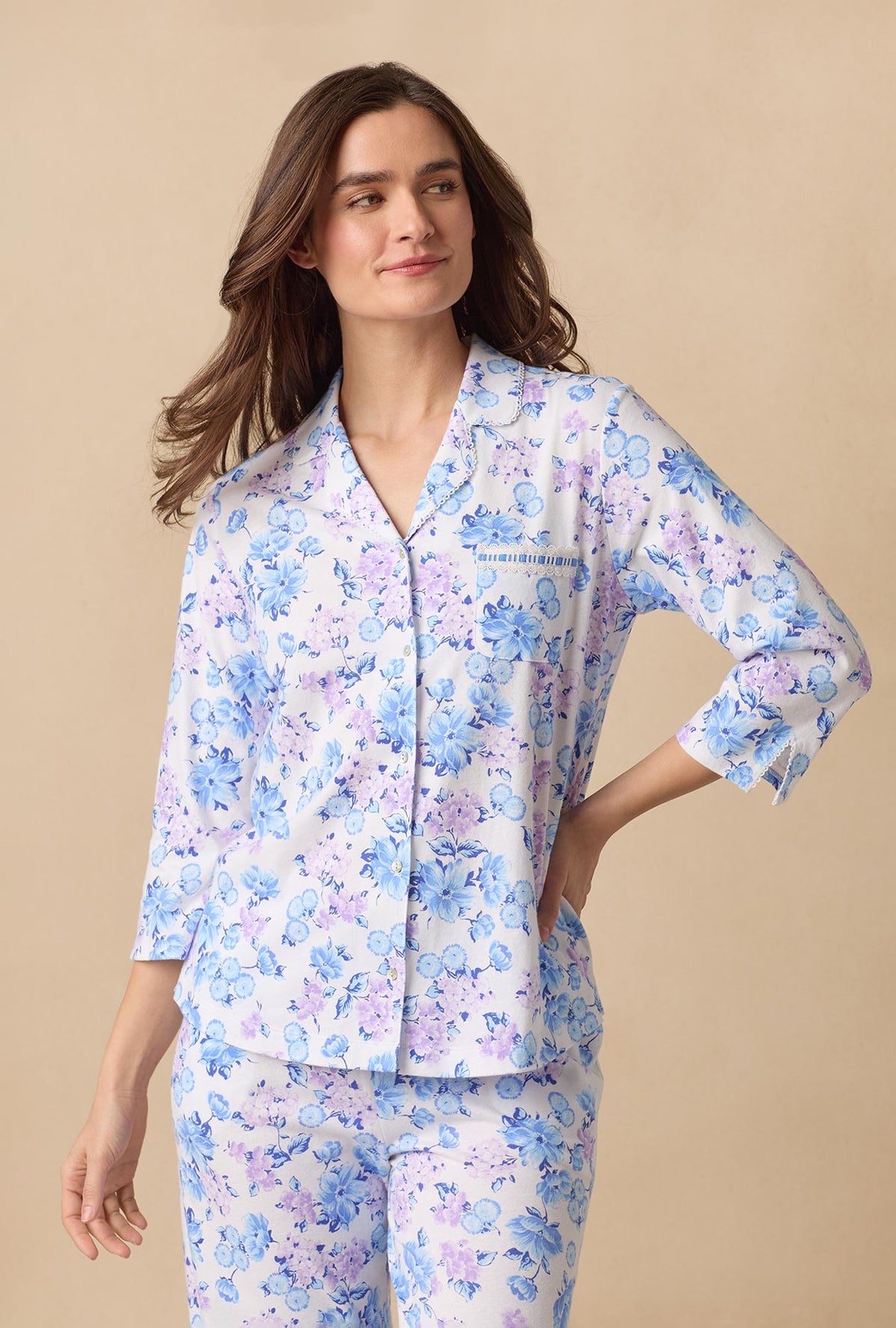 A lady wearing Purple Hydrangea Cotton Long Pajama Set