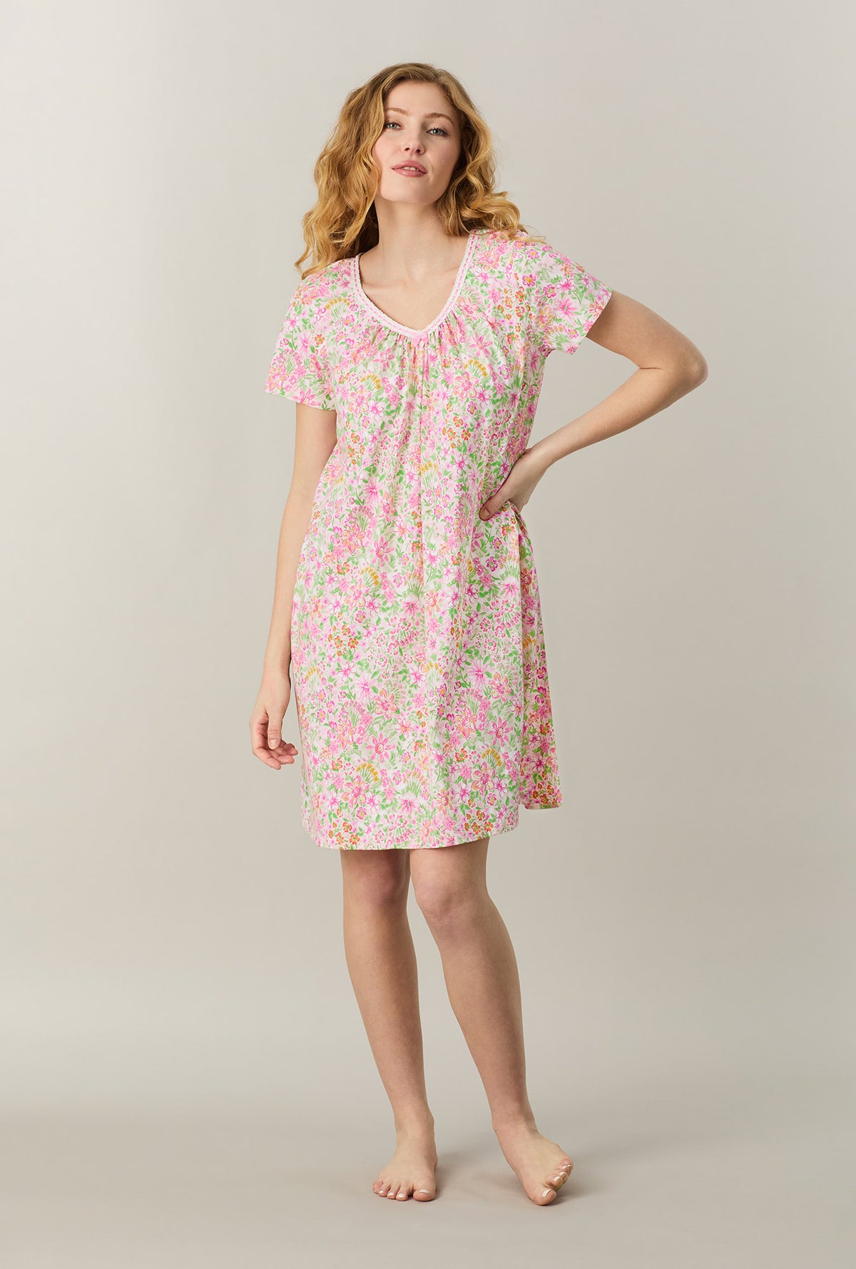 A lady wearing Summer Blossom Short Sleeve Cotton Short Nightgown