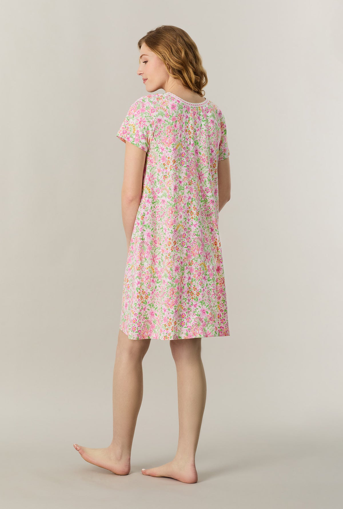 A lady wearing Summer Blossom Short Sleeve Cotton Short Nightgown back view