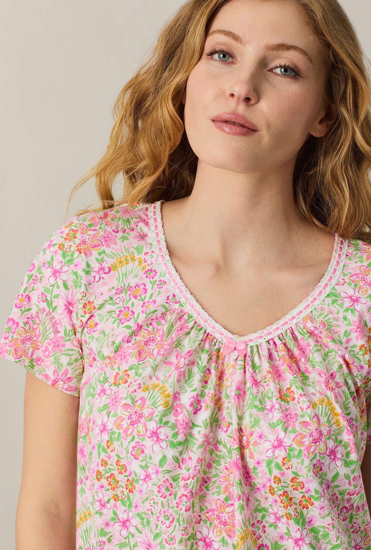 A lady wearing Summer Blossom Short Sleeve Cotton Short Nightgown closer look