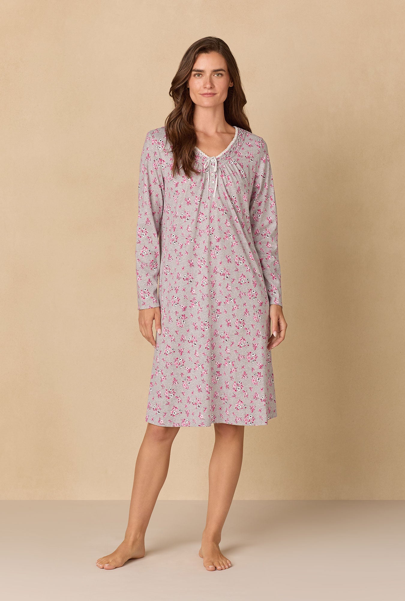 A lady wearing Holiday Floral Cotton Waltz Nightgown