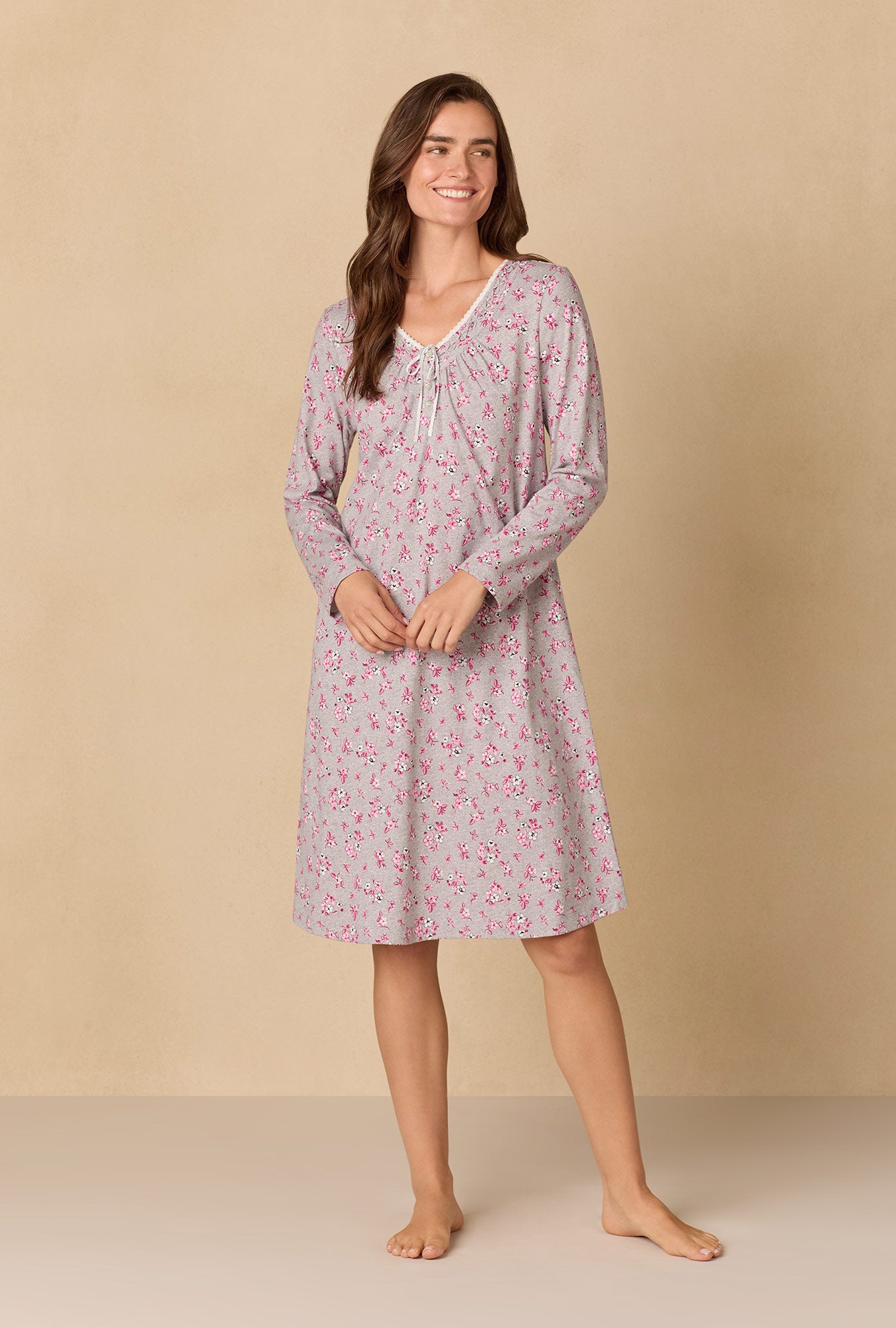 A lady wearing Holiday Floral Cotton Waltz Nightgown