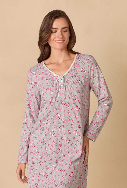 A lady wearing Holiday Floral Cotton Waltz Nightgown