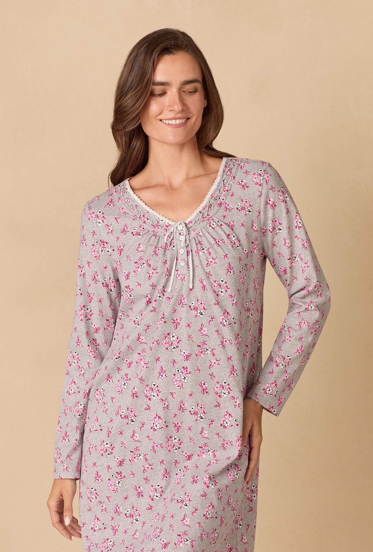 A lady wearing Holiday Floral Cotton Waltz Nightgown