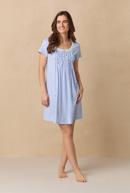 A lady wearing Dreamy Ditsy Short Sleeve Cotton Short Nightgown