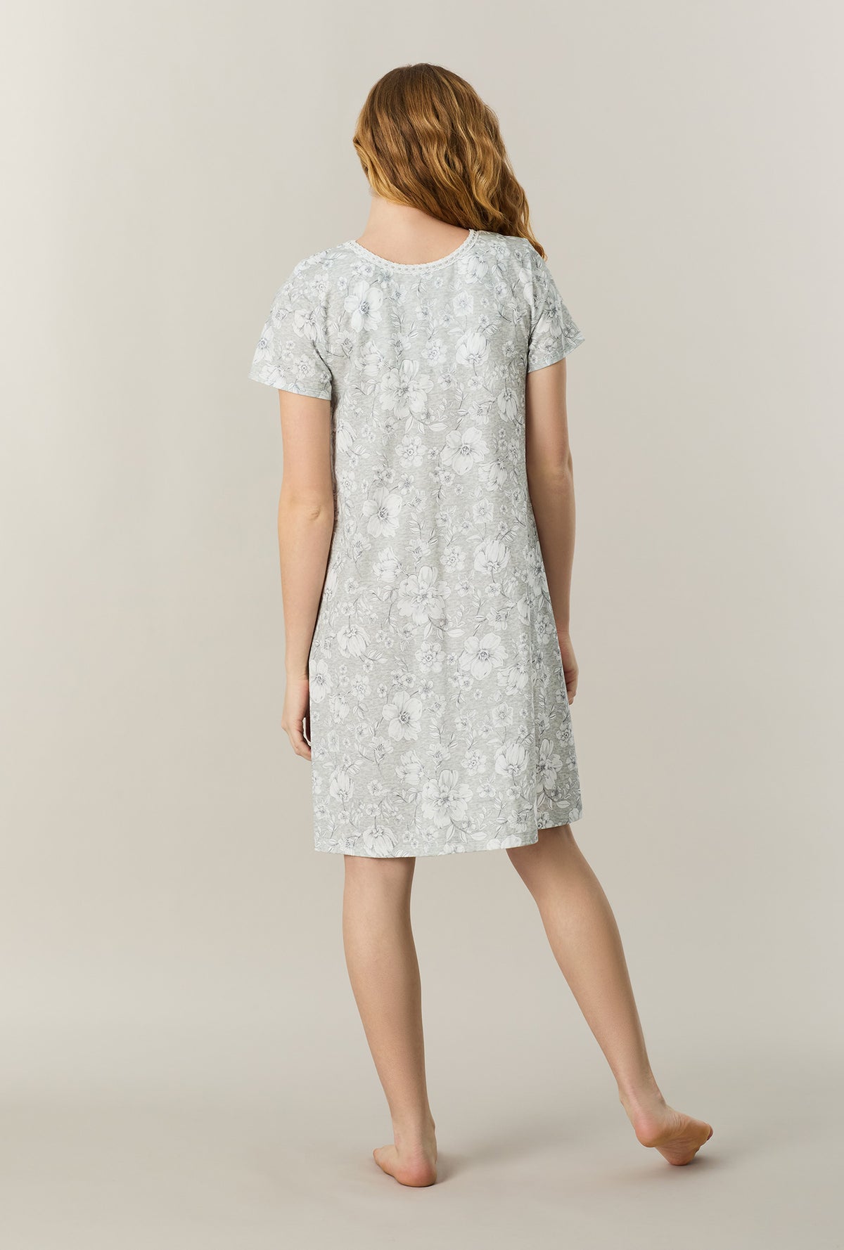 A lady wearing Grey Heather Floral Short Sleeve Cotton Short Nightgown back view