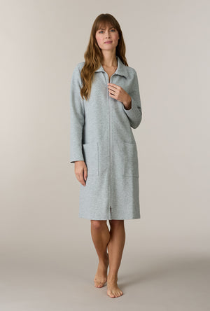 A lady wearing Grey Heather Cotton Diamond Quilted Zip Robe